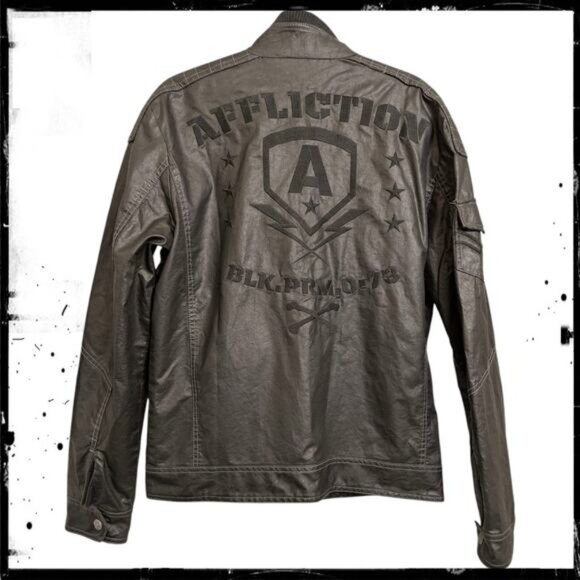 AFFLICTION Black Premium 73 Vegan Leather Zip Up Moto Jacket Zipper Pockets L - Picture 4 of 11